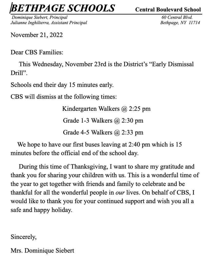 Early Dismissal November