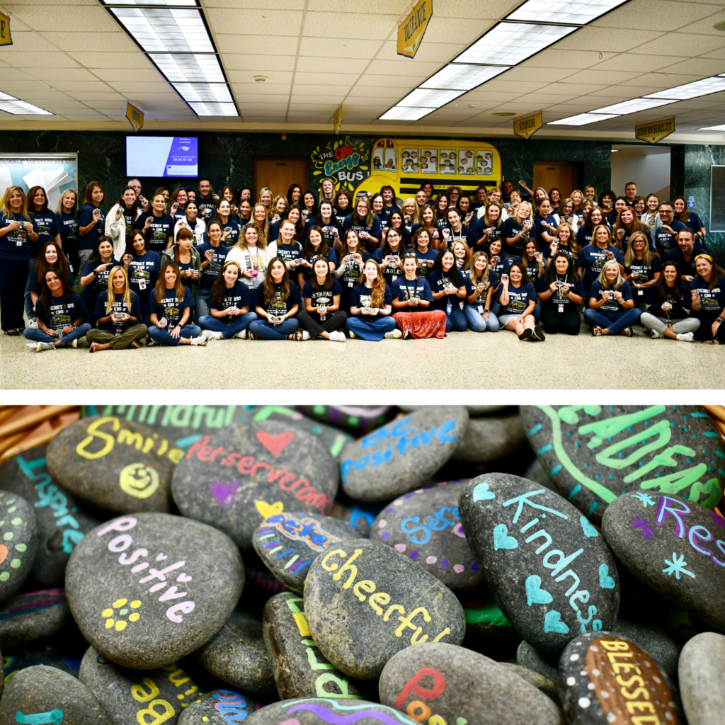 Group photo of staff members holding rocks with photo of decorated rocks underneath